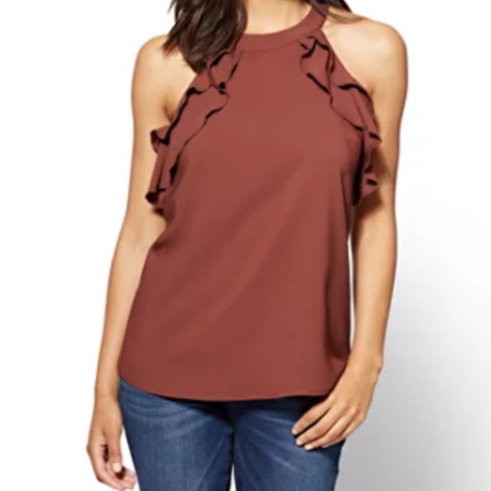 NY&C Soho Collection Ruffled Halter Blouse - Women’s Size S, Brown - NWOT